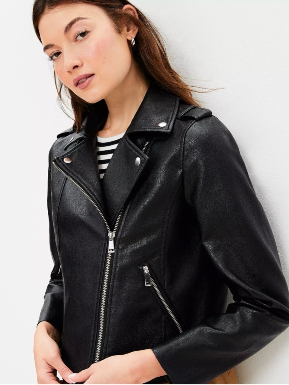LOFT Black Faux Leather Moto Jacket with Silver Hardware